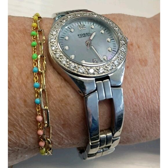 Fossil Watch 29mm Mother Of Pearl Dial Crystals AM-3458 New Battery Fits Upto 8\